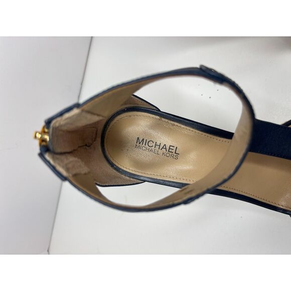 Michael Kors Navy Leather Stylish T Strap Open Toe Heeled Sandals Espadrilles - Picture 10 of 10